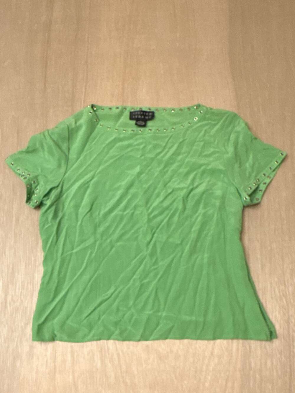 Spenser Jeremy Green 100% Silk Short Sleeve Grommet Trim Blouse Top Y2K